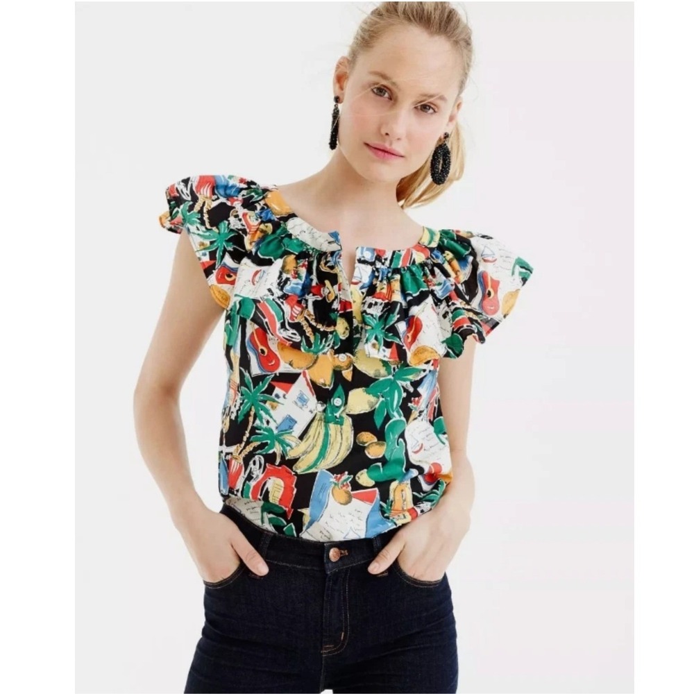 J.Crew Ruffle Postcard Print Cotton Top Tropical Fruit Black Multicolor Novelty